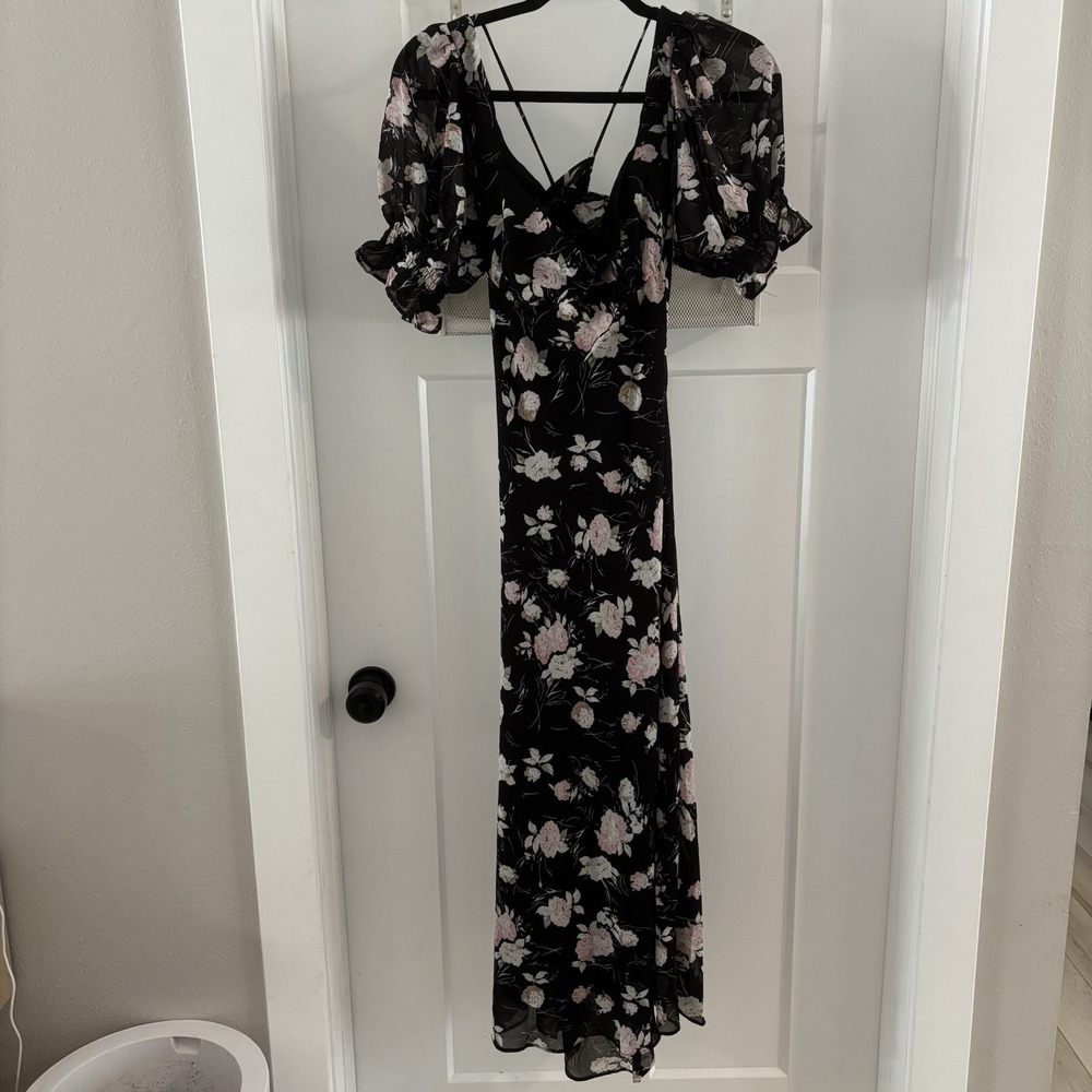 VICI Women's S Avani‎ Black Floral Print Midi Puff Sleeve Dress NWT Cottage Core